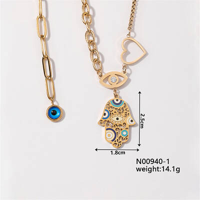 Hip-hop Trendy Brass Enamel Chain Colorful Evil Eye Hamsa Hand Pendant Necklaces for Women