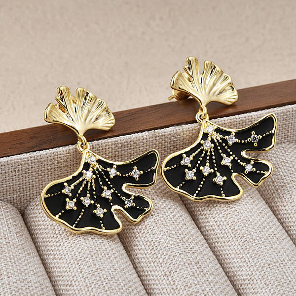 Ginkgo Leaf Brass Pave Clear Cubic Zirconia Stud Dangle Stud Earrings for Women