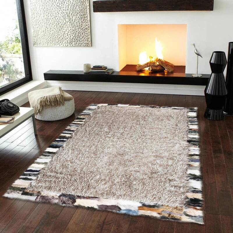 Nude Sheepskin Rug with Multicolor Striped Frame