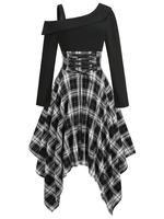 Women's Plaid Print Lace Up Asymmetrical Neck Dress, Elegant Classy Long Sleeve Midi Dress for Spring & Fall, Women's Chic Cl...