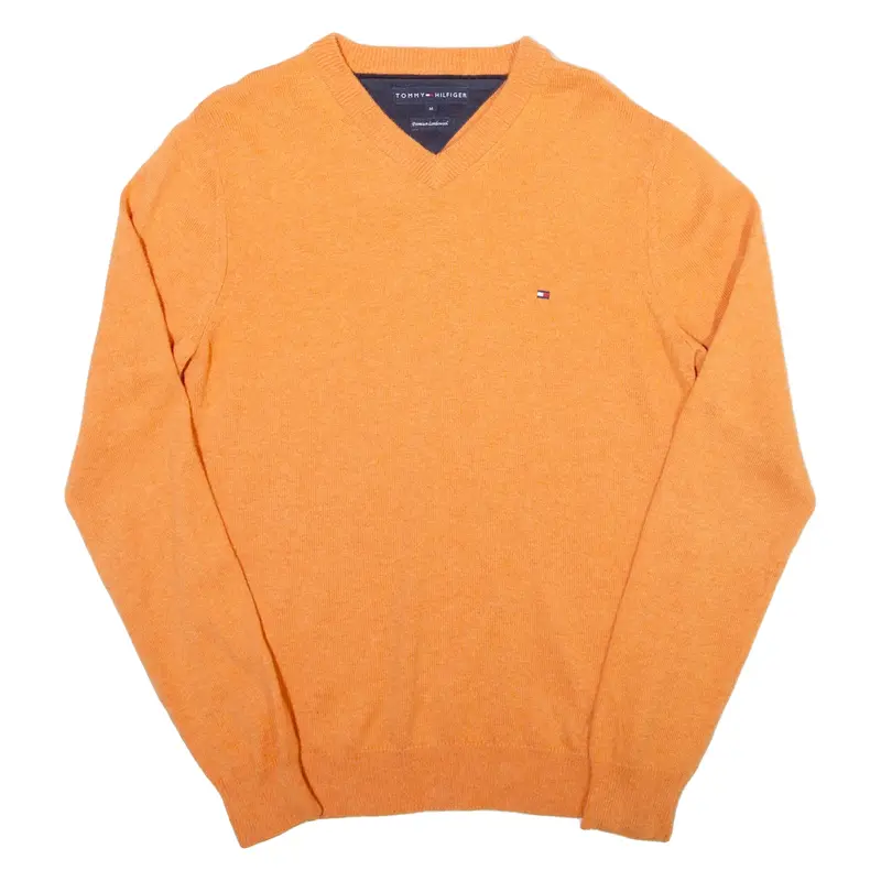 TOMMY HILFIGER Mens Jumper Orange V-Neck Tight Knit Wool M