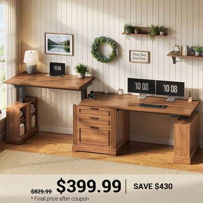 SEDETA ® 98.4 Inch Farmhouse Electric Standing Two Person Desk Height Adjustable Long Computer Desk with Storage Cabinet 3 D...