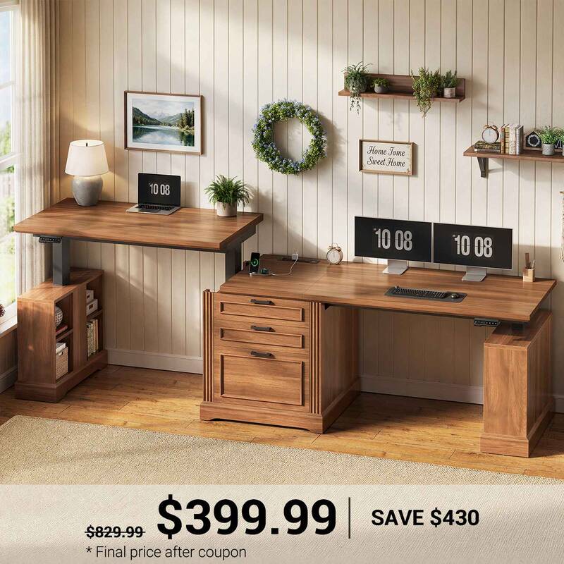 SEDETA ® 98.4 Inch Farmhouse Electric Standing Two Person Desk Height Adjustable Long Computer Desk with Storage Cabinet 3 D...