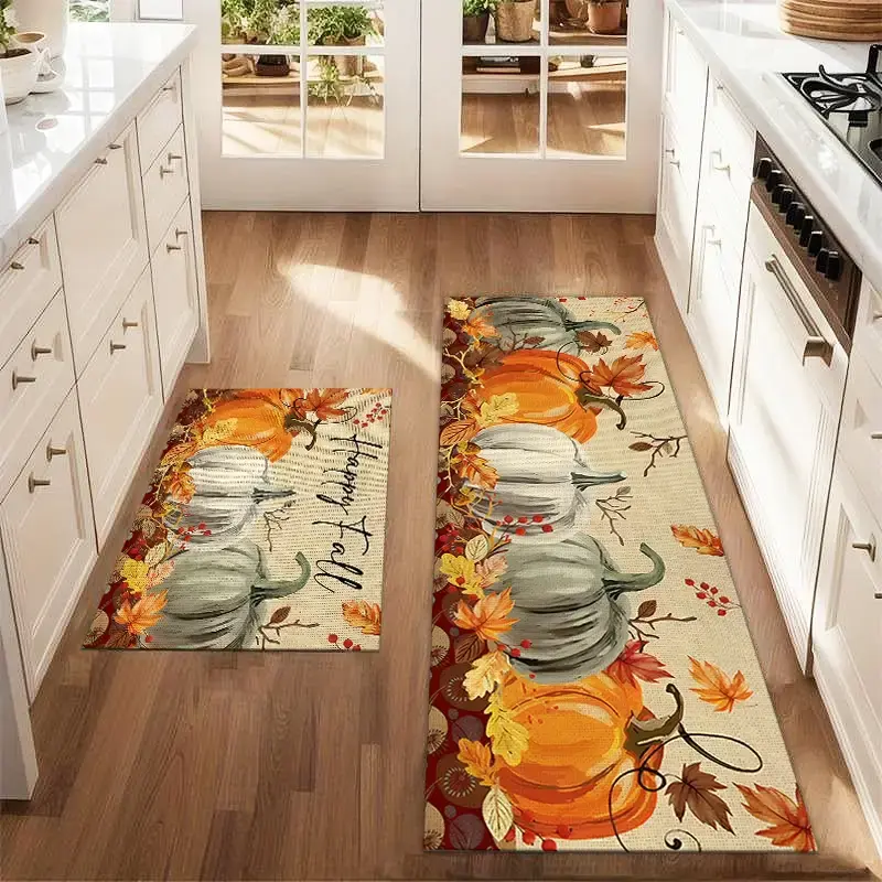 2Pcs Autumn Watercolor Pumpkin Dog Maple Leaf Flower Floor Mat Set Art Sketch Printed Carpet Farmhouse Anti Fatigue Kitchen C...