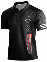 Men's Star & Stripe Print Polo Shirt, Regular Fit Short Sleeve Button Front Top, Casual Comfy Knitting Top for Daily Outdoor ...