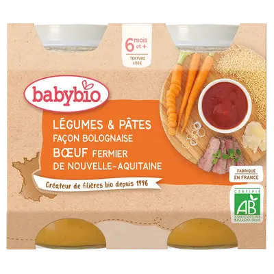 Babybio Midi Jars - 6 months and + - Vegetables & Pasta, Farmer Beef - BIO 2X200G
