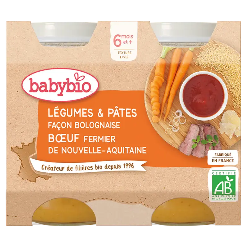 Babybio Midi Jars - 6 months and + - Vegetables & Pasta, Farmer Beef - BIO 2X200G
