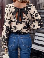 Women's Floral Print Knot Back Vintage Blouse, Elegant Flounce Sleeve Round Neck Top for Spring & Fall, Holiday Outfits, Ladi...