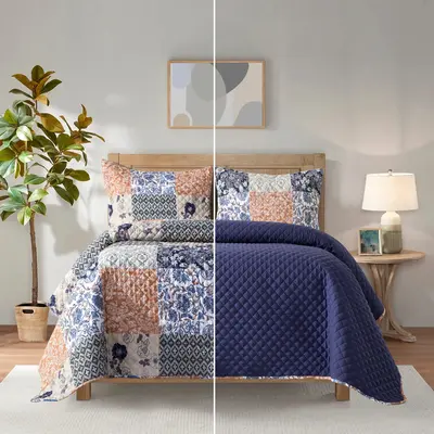 Elegant Comfort 3-Piece Patch Plaid Quilted Reversible Bedspread Coverlet Set - Double-Sided Design with 2 Pillow Shams, All-...