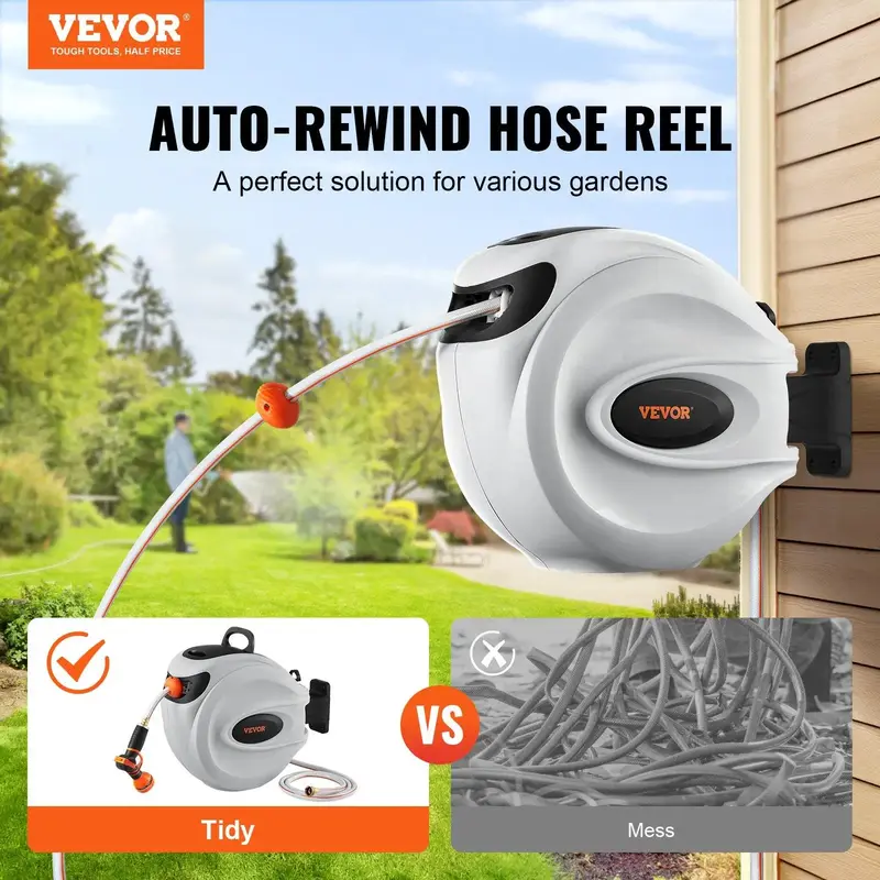 VEVOR Retractable Hose Reel, Max 130'x1/2 Garden Water Hose Reel with 9-Pattern Nozzle, 180° Swivel Bracket Wall-Mounted, ...