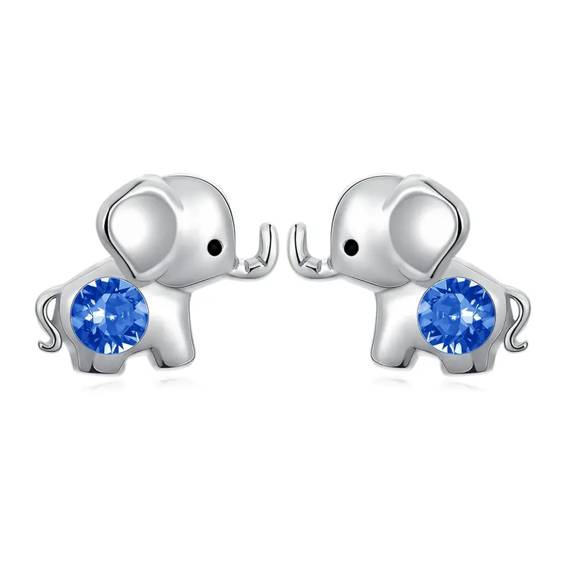Sterling Silver Blue Circular Shaped Crystal Elephant Stud Earrings