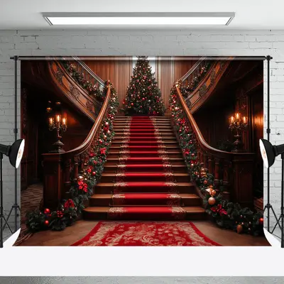 Luxury Red Festive Christmas Vibe Stairs Backdrop - Aperturee