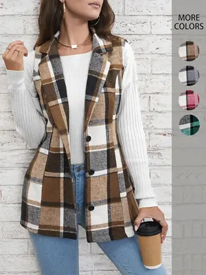 Women's Plaid Print Button Front Vest Coat, Elegant Womenswear Lapel Neck Sleeveless Outerwear, Comfortable Graphic Jackets, ...