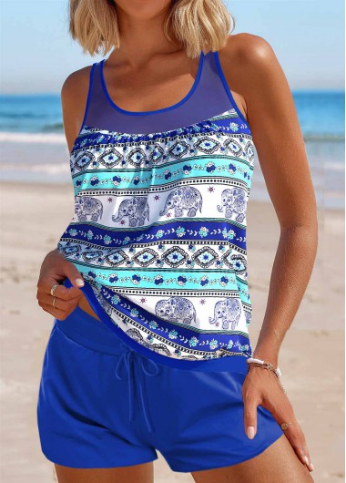 Modlily Mesh Tribal Print Purplish Blue Tankini Set - M
