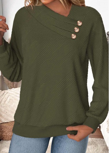 Modlily Olive Green Button Long Sleeve Asymmetrical Neck Sweatshirt - XL