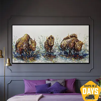 Abstract Bison Artwork Original Animals Painting On Canvas Creative Hand Painted Decor for Home | PACK OF BISONS 23"x46&...