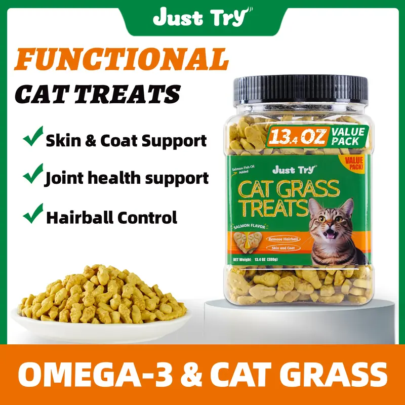JUST TRY-13.4 0Z Cat Treats Salmon Oil  Cat Treats with Cat Grass  Natural Salmon Flavor Kitten Healthy Cat Treats Training B...