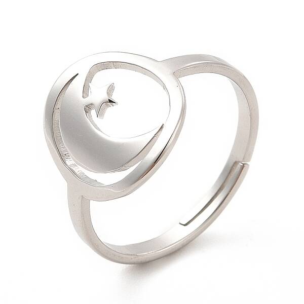 Non-Tarnish 201 Stainless Steel Moon & Star Adjustable Ring for Women