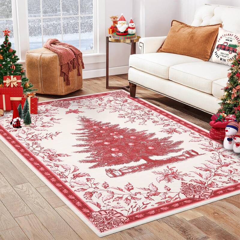 Garvee Christmas Area Rug 4x6 with Tree Print, Washable & Non-Slip, Terrycloth Soft, Stain Resistant, Foldable, Rubber Backin...