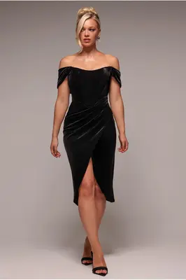 Goddiva Draped Shoulder Velvet Corset Midi Dress - Black
