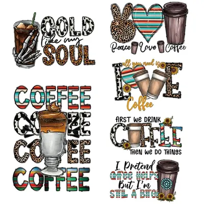 6pcs Coffee Pattern Iron On Patch, DIY Heat Transfer Sticker For T-Shirt & Jeans, Fashion Clothing Iron On Patch