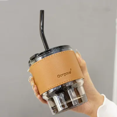 Creative Portable Bamboo Cup With Lid Straw Glass | style: 13 Style