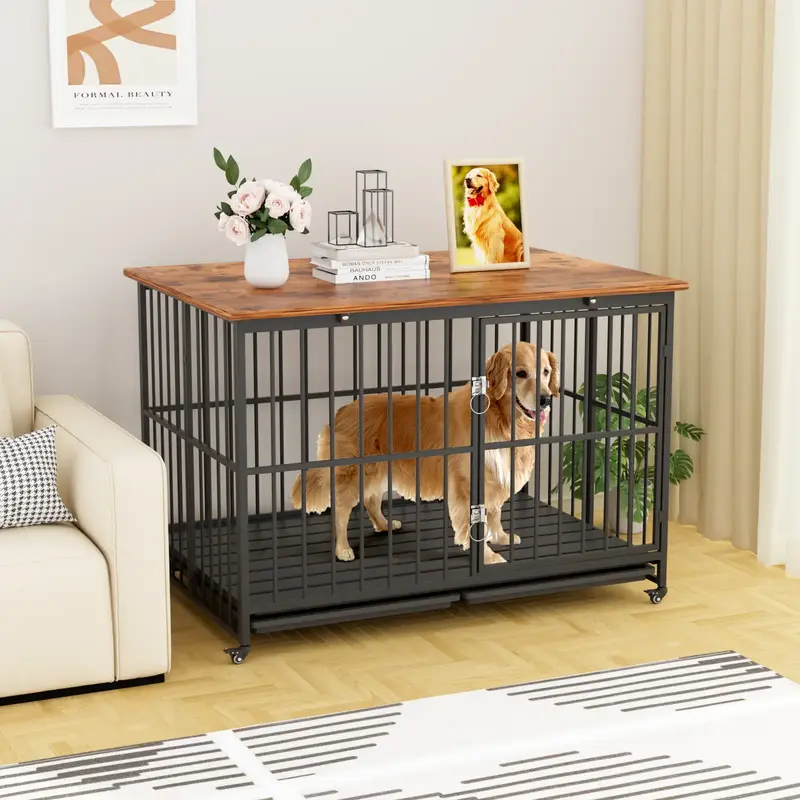 44 Inch Heavy Duty Dog Crate Furniture, Decorative Dog Kennel End Table, Foldable Wooden Pet House Indoor with 4 Lockable Whe...