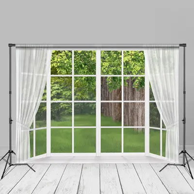 White Curtain Window Green Tree Spring Photo Backdrop - Aperturee