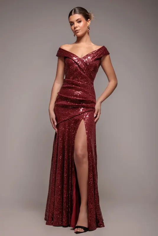 Goddiva Bardot Sequin Pleated Maxi Dress - Wine