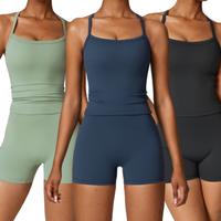 Women's Solid Color Yoga Outfit Set - High Waisted Biker Shorts & Cross Back Sports Bra - 2 Piece Activewear for Casual Daily...