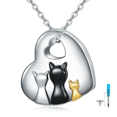 Sterling Silver Tri-tone Cat & Heart Urn Necklace for Ashes