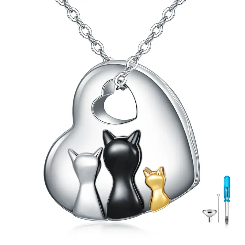 Sterling Silver Tri-tone Cat & Heart Urn Necklace for Ashes