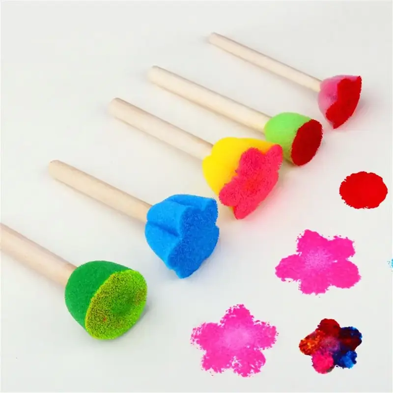 5pcs/set Random Color Kids Sponge Stamp Brush Kit, Paint Learning Sponge Brush, Print Pattern Brushes with Wooden Handle, Art...