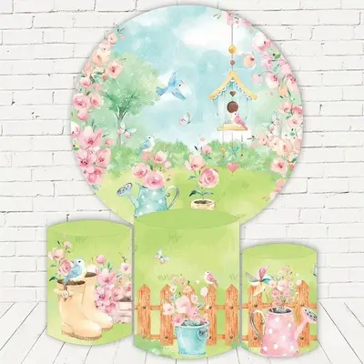 Aperturee Spring Pink Floral And Grass Round Birthday Backdrop Kit | Circle Party Backdrop | Round Party Backdrop | Circle Ba...