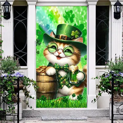 Aperturee Green Clover Smile Cats St Patricks Day Door Cover, 30x80 Inch, 28.48 USD, party door covers, ANML080A-A