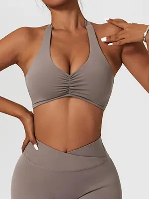 Women's Solid Ruched Halter Neck Sports Bra, Sporty Breathable Wireless Sports Bra for Yoga Gym Workout, Ladies Sportswear Cl...