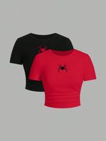 Women's Spider Print Round Neck Crop Tee, Casual Short Sleeve Crew Neck T-shirt for Summer, Fashion Women's Top for Daily Wea...