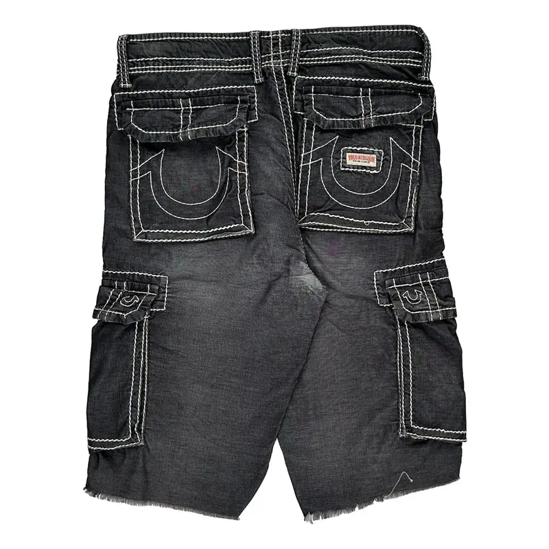 True Religion Contrast Stitch Cargo Shorts - 34W 15L Black Cotton Blend