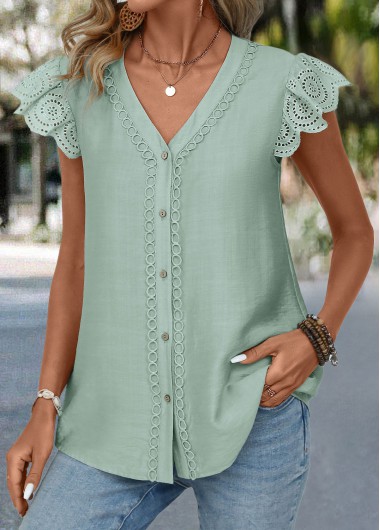 Modlily Sage Green Patchwork Short Sleeve V Neck Blouse - XL