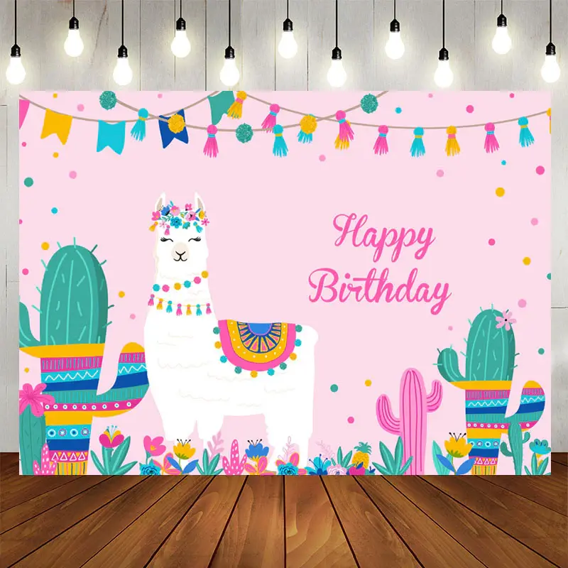 Aperturee Alpaca Cactus Girls Pink Birthday Backdrop