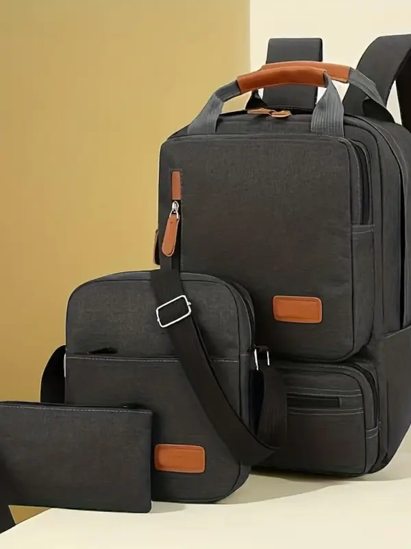 3pcs Men's Business Casual Colorblock Zipper Backpack Set, Business Laptop Bag with Shoulder Strap, Wrist Bag, Backpack, Perf...