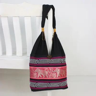 NOVICA Thai Elephants in Ruby Shoulder Bag