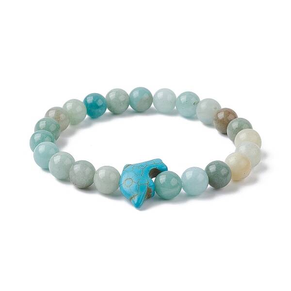 Natural Flower Amazonite & Synthetic Turquoise Dolphin Beaded Stretch Bracelets