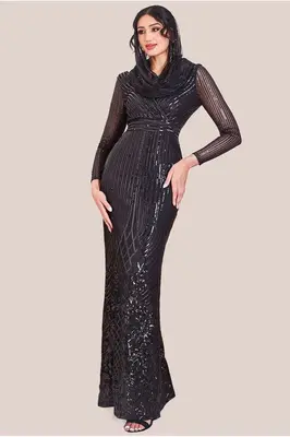 Goddiva Modesty Sequin Wrap Maxi Dress - Black