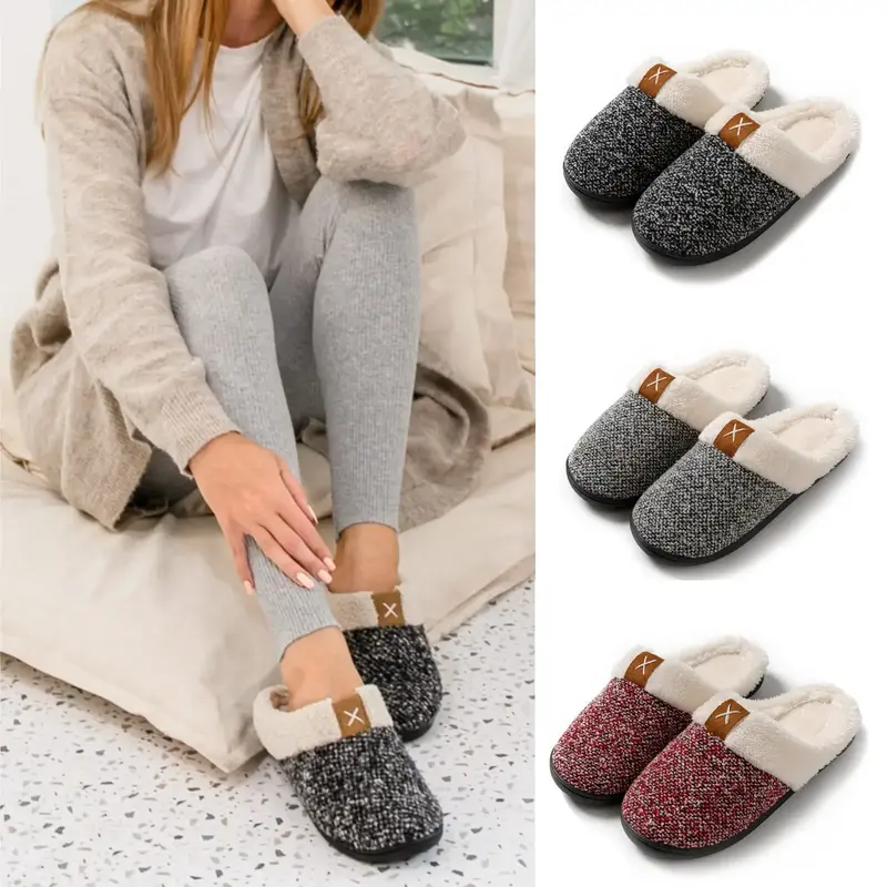Fuzzy Slippers Womens Comfy Memory Foam House Slipper Warm Plush Outdoor Indoor Bedroom Shoes with Fur Lining
