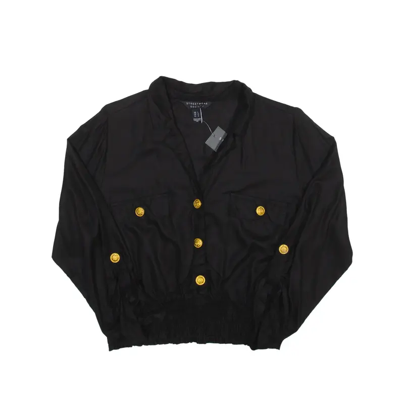 STREETWEAR SOCIETY Ruched Detail Blouse Black Collared Long Sleeve Girls L