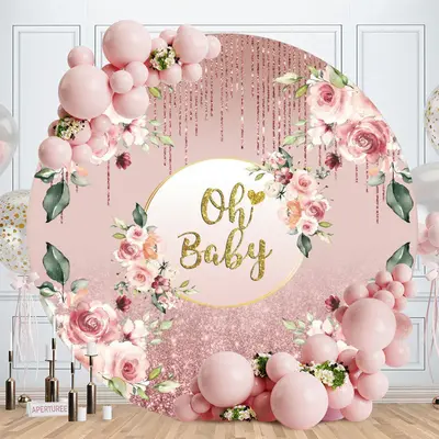Aperturee Rose Pink Glitter Gold Oh Baby Round Baby Shower Backdrop