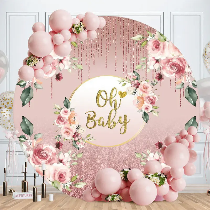Aperturee Rose Pink Glitter Gold Oh Baby Round Baby Shower Backdrop