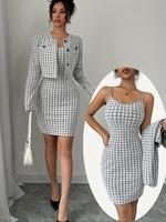 Women's Jacket & Cami Dress Two-piece Set, Elegant Chic Casual Formal Chic Elegant Fit Long Sleeve Outerwear & Dress for Work...