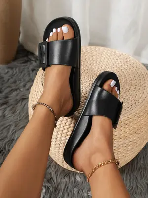 Women's Summer Minimalist Plain Open Toe Slides, with Buckle Design, Casual Comfortable Soft Thick Bottom Non-slip Slippers, ...